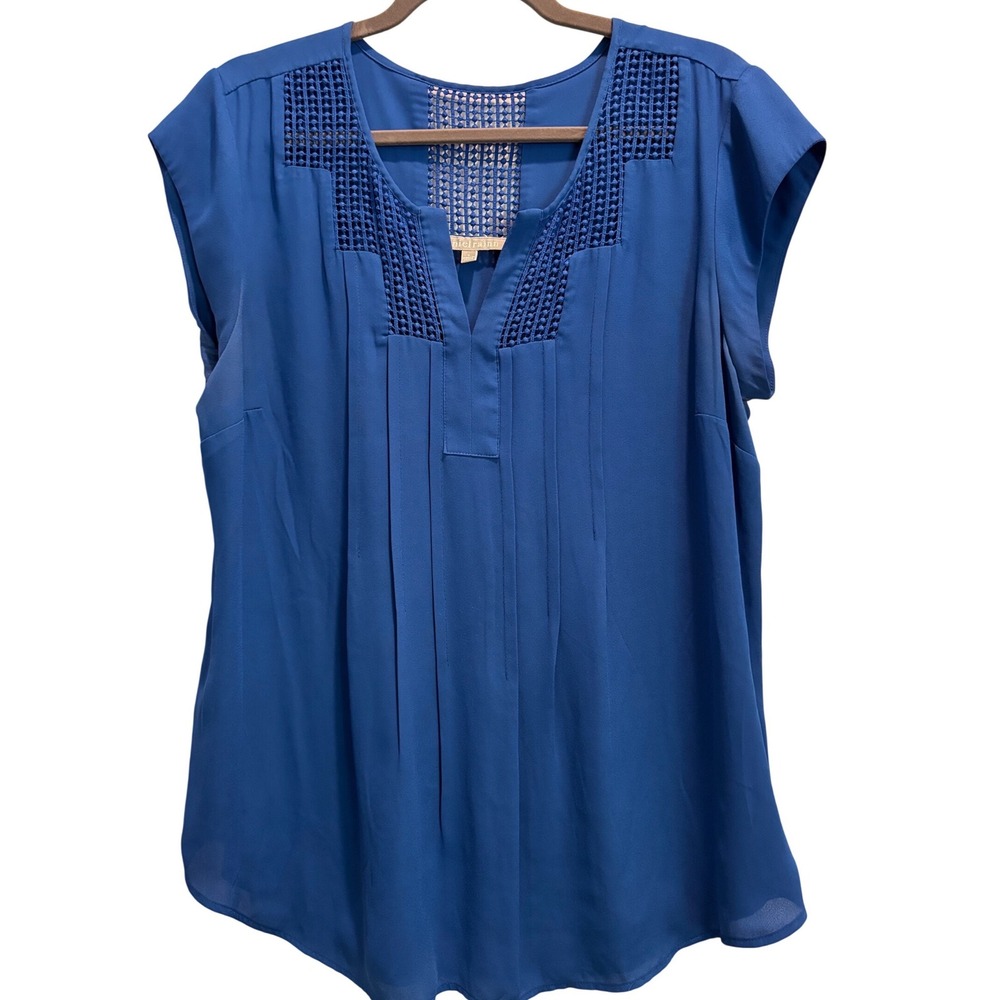 Daniel Rainn Blouse Womens Large Blue Excellent Crochet Pleated Cap Sleeve Top